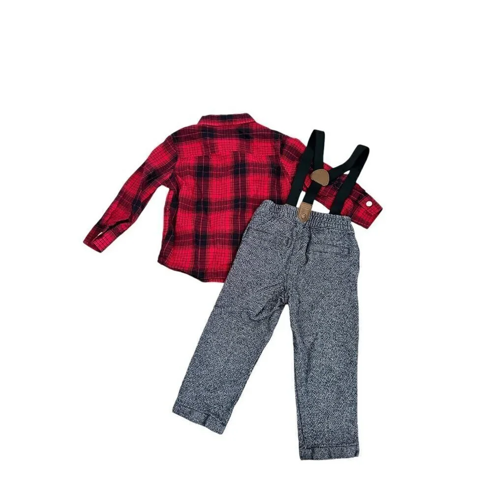 Gymboree Red Plaid Shirt & Grey Pants With Suspenders Set 18-24 Months